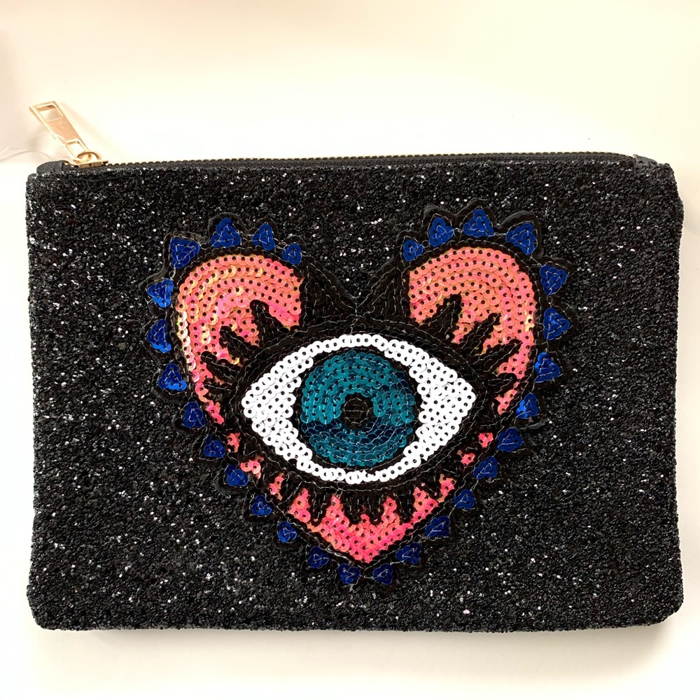 Evil Eye Clutch Black Glitter Pink Heart Gold ZIP
